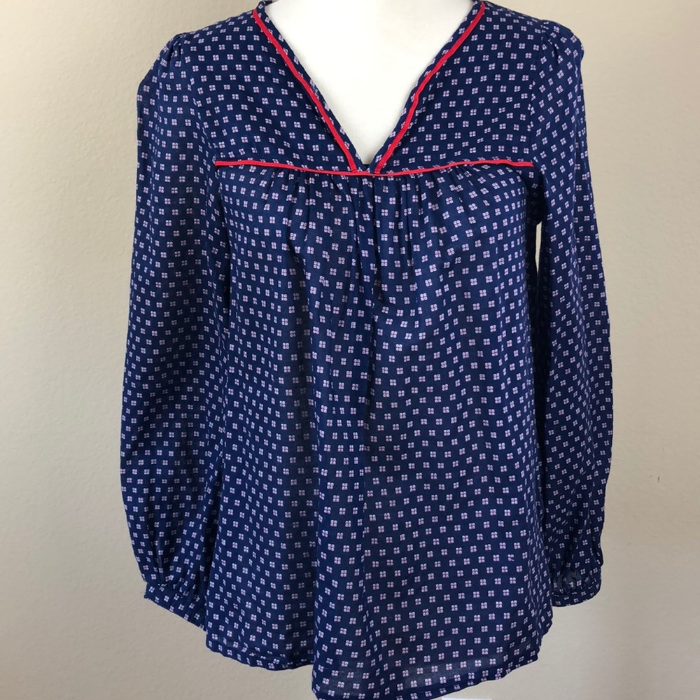 H&M Blue Red & White Long Sleeve V-Neck Peasant Top w/Red Piping Trim - Size 4
